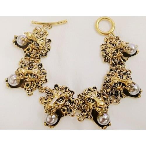 Luxury grey pearl lion statement charm bracelet bangle jewelry for women