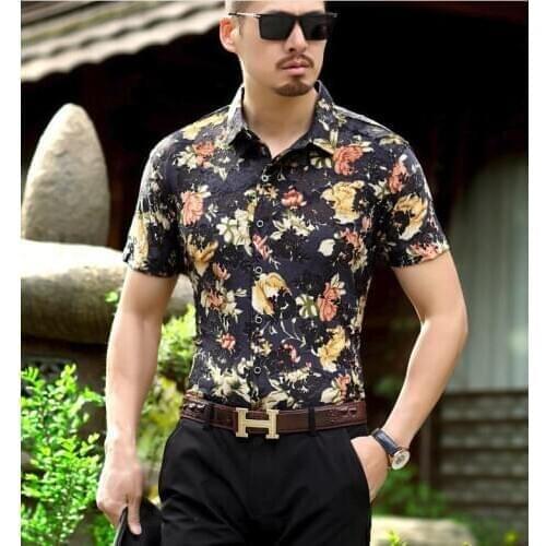 Mens Summer Luxury Casual Fashion Short Sleeve Flower Printed Shirt Men Silk Thin Slim Soft Comfortable Floral Shirts Cool