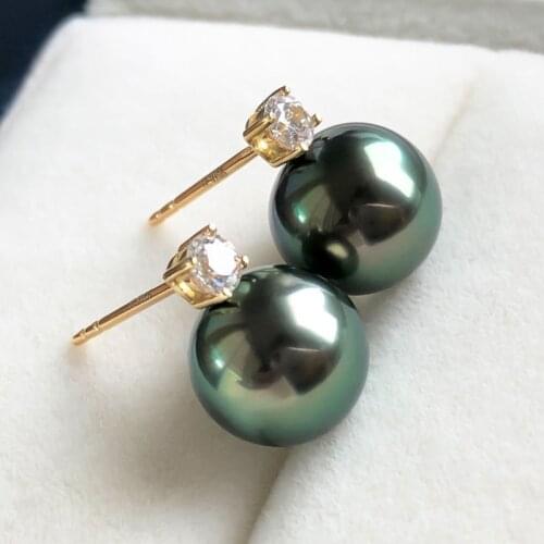 Salt Sea pearls black green ROUND 7-8MM and 8-10mm 18k stud PRNCESS STYLE earrings wholesale beads nature FPPJ woman AAA