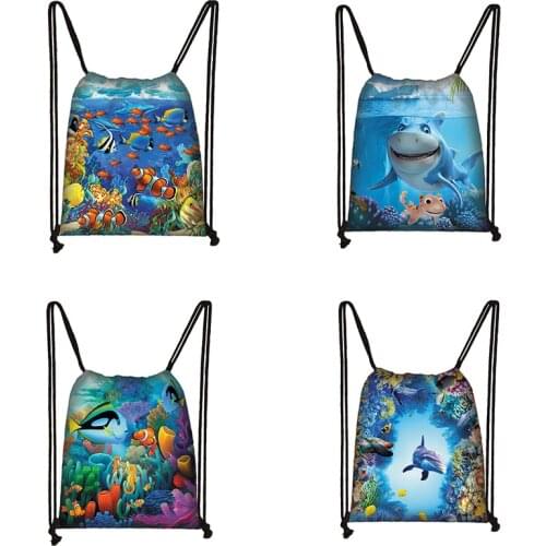 Underwater World Shark / Dolphin / Turtle Drawstring Bag Women Men Travel Backpack Girls Shoulder Bags for Travel Bookbag Gift