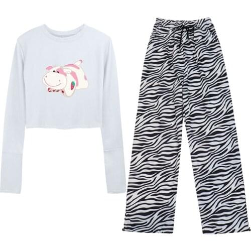 Kawaii Cow Print Crop Top All-match High Waist Sweatpants Cotton Harajuku Casual Aesthetic T Shirt Long Sleeve Women Stripe Pant