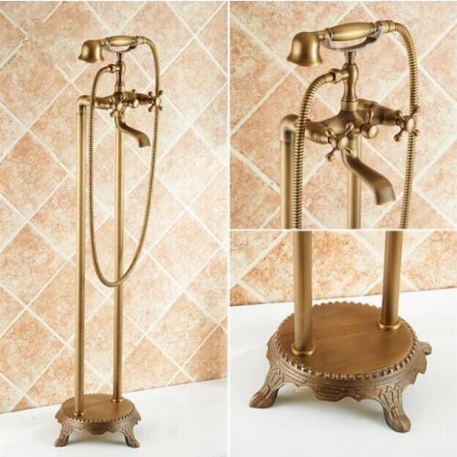 Vidric Bathtub Faucets Solid Brass Luxury Floor Standing Bathroom Bathtub Faucet Antique Dual Handle with Handheld Shower Crane
