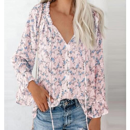 Women Blouse Shirts Floral Print Flare Long Sleeve Women Blouse Quick Drying V Neck Lace Up Pullover Casual Blouse Streetwear