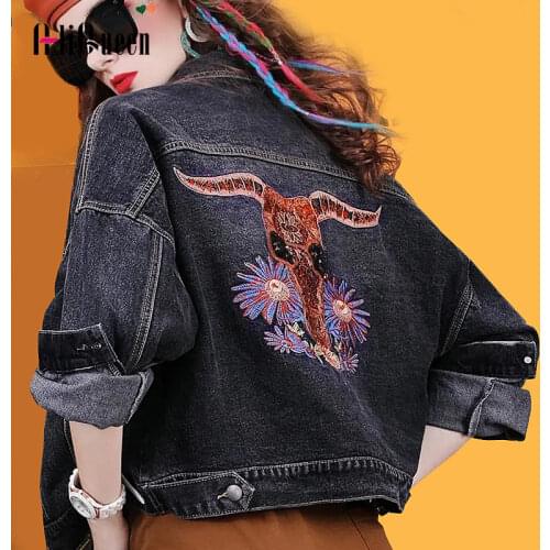 Women Denim Jacket Raglan Sleeves Vintage Flowers Bull Head Embroidered Pocket Jeans Short Jackets Loose Black Coats Streetwear