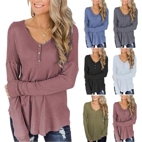 2021 Womens New V-neck Splicing Solid Color Fashion Autumn Temperament Casual Loose And Comfortable Waffle Long-sleeved T-shirt