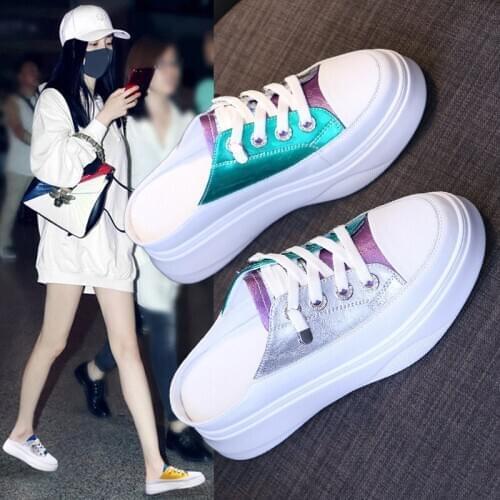 2020 Summer Thick Bottom Breathable Shoes Outdoor Slippers Women White Shoes Without Heel shoes Half Slippers
