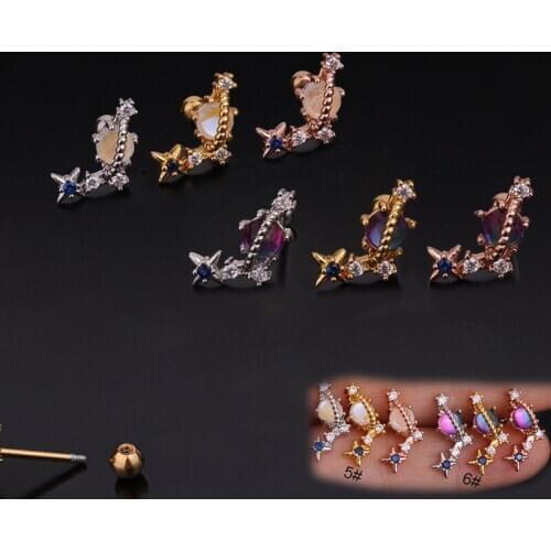 1 PCS Cute Small Color Crystal Star Planet Shape Ear Cartilage Piercing Stud Earring Gold Color Steel Bar Ball Helix Earring