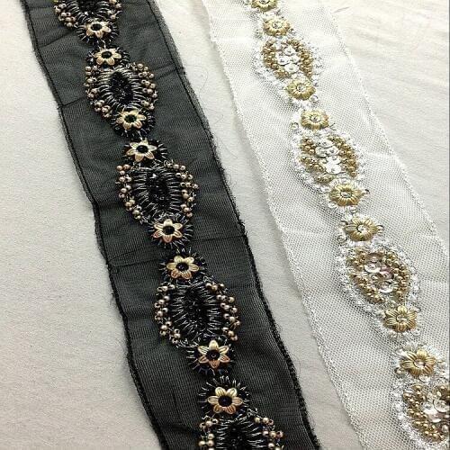 2Yards Gold Beaded Lace Trim Vintage Rhinestone Mesh Fabric Paillette Sequin Chemical Lace For Wedding Dress Dentelle Applique