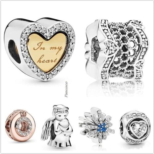 Original 925 Sterling Silver Rose Sparkling Logo & Crown O With Crystal Charm Beads Fit Pandora Bracelet & Necklace Jewelry