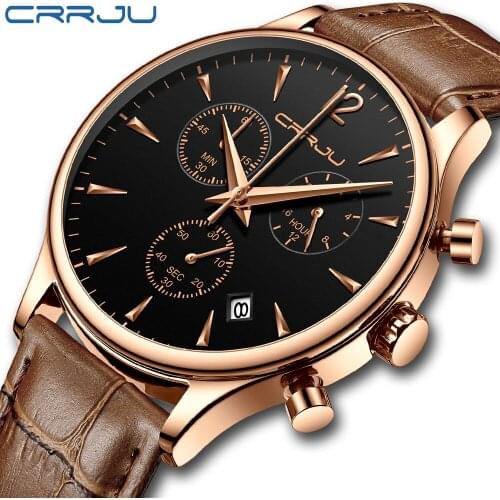 CRRJU Mens Watches Gift Top Luxury Brand Waterproof Sport Watch Chronograph Quartz Military Genuine Leather Relogio Masculino