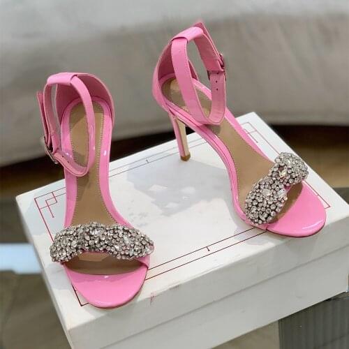 Hot sell luxury brand design all rhinestone crystal high heels ladies wedding party shoes summer sandals with one strap in pink