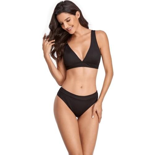 Womens Deep V Neck Two Pieces Sports Bikini Set Swimsuits Push Up Underwired Wide Strap Bra Bathing Suits Solid Color Swimwear