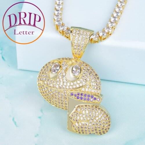Smiley Face Holding Purple Color Cup Iced Pendant Gold Color Cubic Zircon Necklace Charms Mens Hip Hop Jewelry For Gift