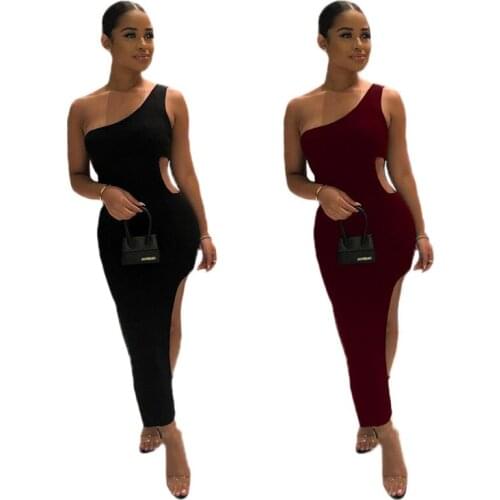 Summer New Womens Sexy Irregular Solid Color Oblique Shoulder Dress