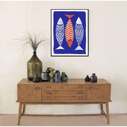 Minimalist Abstract Blue Orange Fish Wall Art Canvas Painting Nordic Posters and Prints Wall Pictures for Living Bedroom Decor