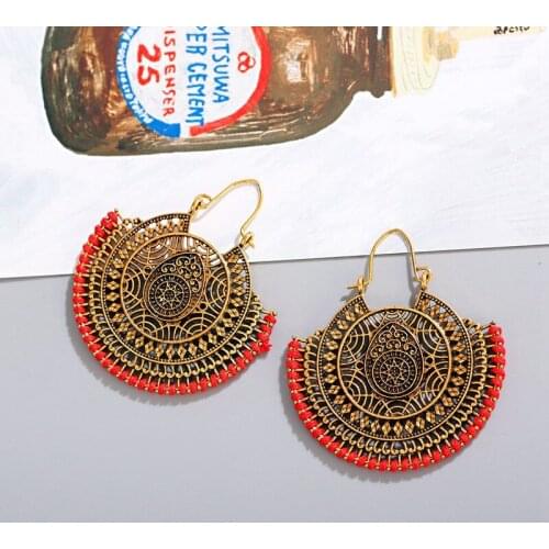 Fashion Bohemian Gold Color Big Round Earrings For Woman Girls Ethnic Vintage Hollow Red Silk Wedding Bridal Accessories Jewlery