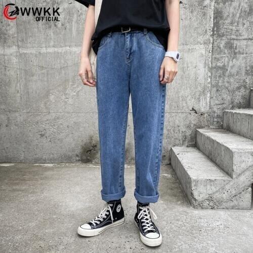 WWKK Man Jeans High Waist Clothes Wide Leg Denim Clothing Blue Streetwear Vintage Quality 2020 Fashion Harajuku Straight Pants