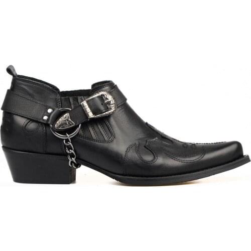 FootCourt- Black Cowboy Shoes For Men Genuine Leather Western Boots Removable Buckled Ankle Harness Pointed Toe Short Boots New