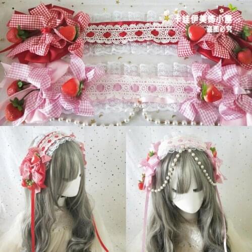 Soft Girl Red Plaid Bow Lace Strawberry Hair Band Japanese Party Princess Hair Ornaments Sweet lolita Headdress Hairpin Cosplay