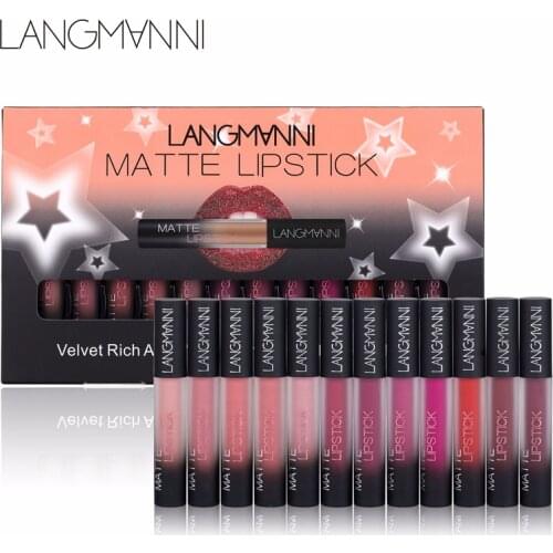 Langmanni matte Lipstick Set 12pcs/lot Waterproof Nutritious Velvet lip stick Red Tint Nude batom women fashion lips makeup set