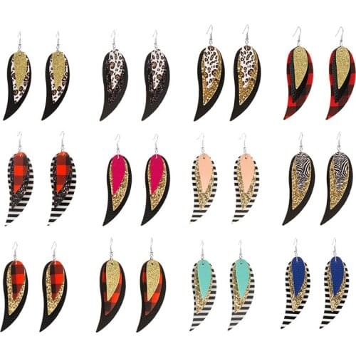 New Glitter Christmas Buffalo Plaid Leopard Feather Leather Earrings For Women Three Layer Splice Leaf Earrings Brincos Gifts