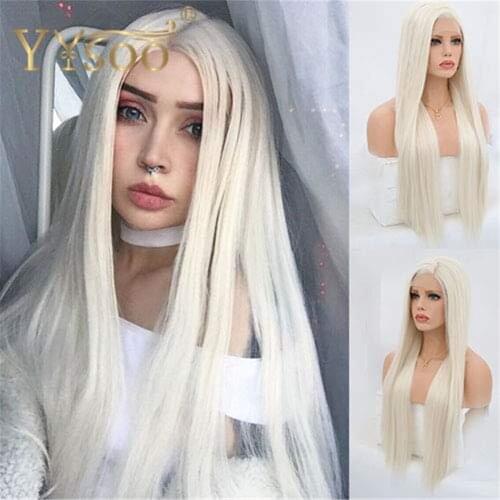 YYsoo Platinum Blonde Synthetic Hair Lace Front Wigs for White Women Silk Straight Long Glueless Half Hand Tied Replacement Wig