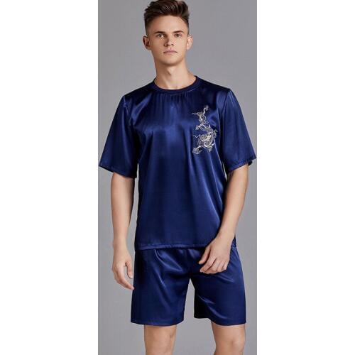 2PCS Men Short Sleeve Dragon Embroidery Pajamas Pyjamas Set Sleepwear Set Male Silky Satin Nightwear Loungewear Losse Homewear