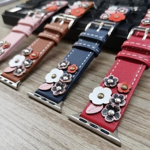 Flower Leather Luxurious Strap for Apple Watch 6 SE Series 5/4/3/2 Band 40mm 44mm 38mm 42mm Girls Fresh Bracelet for iWatch Belt