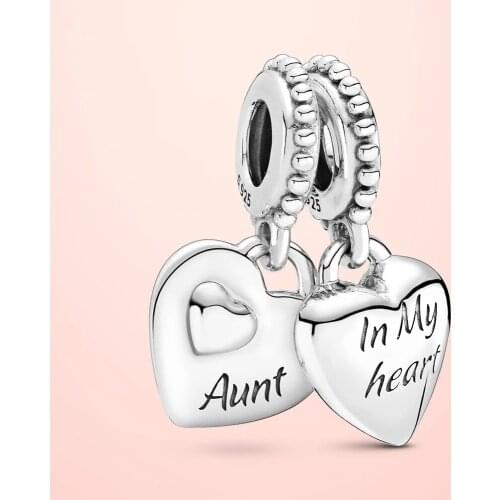 925 Sterling Silver Beads Aunt & Niece Split Heart Dangle Charm fit Original Pandola Bracelets 2021 Women DIY fine Jewelry Gifts
