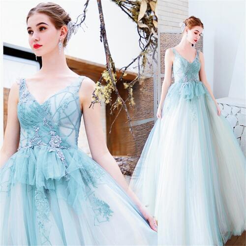Open Back Blue Ball Gown Tulle Lace Beaded Appliques Luxury Evening Dresses Bride Banquet Party Prom Dress XH486