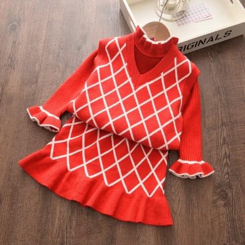 Girl Baby Knitted Solid Color Clothes Sets Fall Kids Girls Sweaters Thick Warm Vest Skirt 3Pcs Suits Children Plaid Clothes Sets