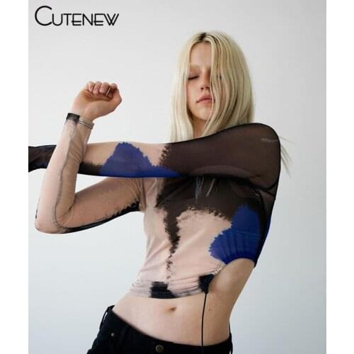 Cutenew Sexy Mesh O-Neck Shirring Long Sleeve Crop Tops Women Autumn Irregular Print T-Shirt Fashion Wild Casual Streetwear Tees