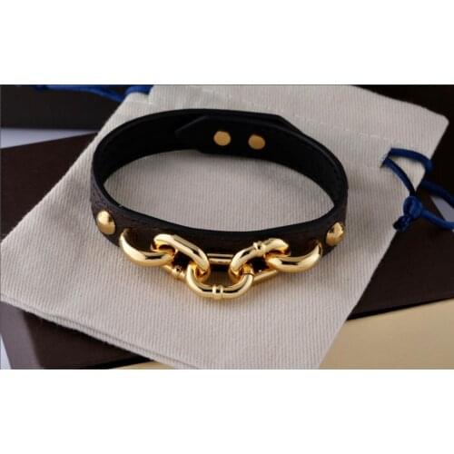 Lady Women Leather Chain Charm Bracelets Print Letter Pattern Gold-colour titanium steel Bangle