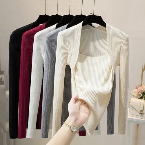 2021 autumn womens temperament thin black slim-fit knit sweater square neck pullovers commuter sweater top fall women jumpers