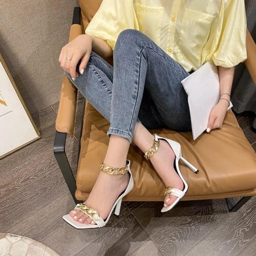 2021 Summer New Fashion High-Heeled Sandals Sexy Square Head Metal Chain Decoration Zipper Nightclub Banquet Womens Shoes
