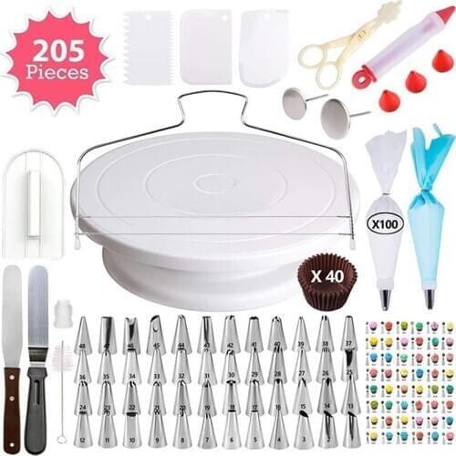 205 pcs/set Multifunctional Cake Baking Tools Cake Stand Turntable Dough Knife Decorating Kit Pastry Bags Cream Nozzles