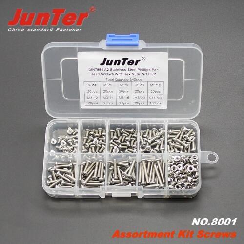 340pcs M3 (3mm)*4/5/6/8/10/12/14/16/20 A2 Stainless Steel Phillips Pan Head Machine Screws With Hex Nuts Assortment Kit NO.8001
