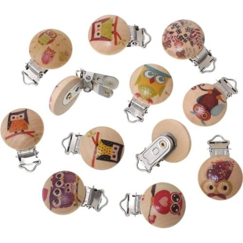 5PCS Wooden Baby Infant Pacifier Holder Soother Chain Round Clips with Metal Holders Kids Feeding 4.4cm x 2.9cm