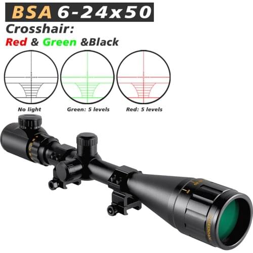 BSA 6-24x50 Aoe Riflescope Adjustable Green Red Dot Hunting Reticle Sniper Optical Rifle Sight Light Tactical Scope