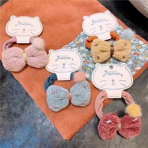 Cute bowknot children Elastic Hair Rubber Bands Accessories woolen yarn Scrunchie Girls Hair Ring Rope Ponytail Holder headdress
