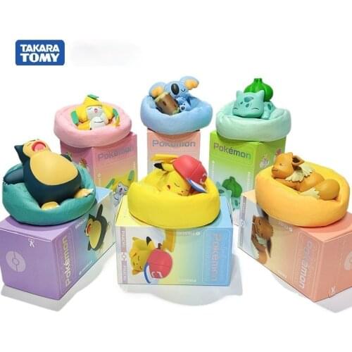Takara Tomy 6 Styles Pokemon Anime Toy Box Pikachu Eevee Sleeping Position Snorlax Jirachi Komala Bulbasaur for Ornaments Toys