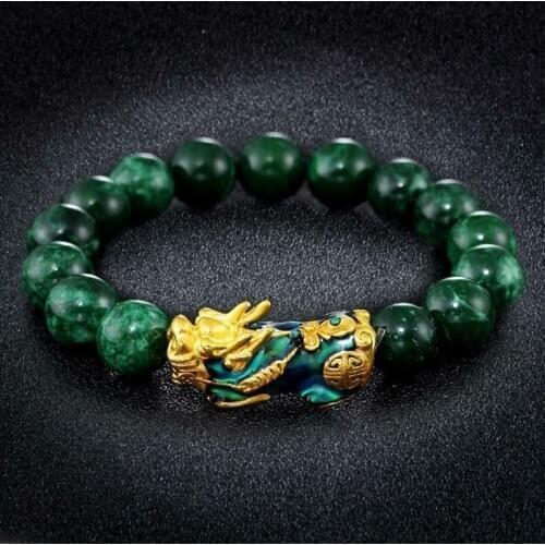 Chinese Feng Shui Green Stone Beads Bracelets Gold Plated Color Changed Pixiu Charm Bracelet for Men Women Beads Jewelry