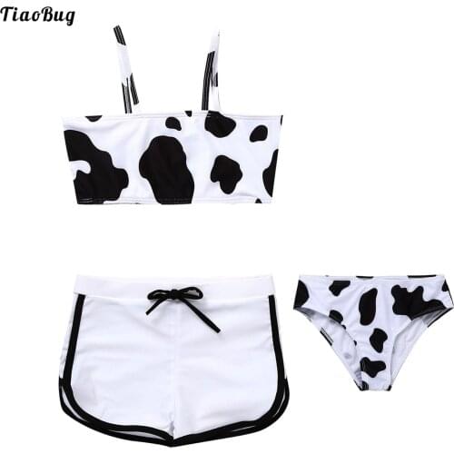 TiaoBug 3Pcs Kids Girls Cow Spots Print Swimwear Sleeveless Crop Tops With Shorts And Briefs Set Beach Pool Bathing Rashguard