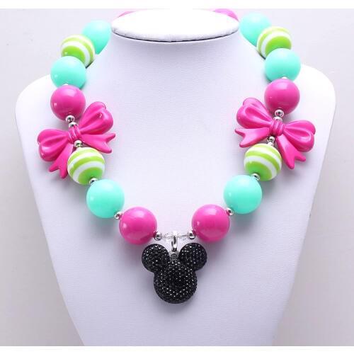 MHS.SUN 2PCS Mint+Pink Color Baby Kid Chunky Necklace Cartoon Pendant Girl Kids Bubblegum Chunky Bead Necklace Children Jewelry