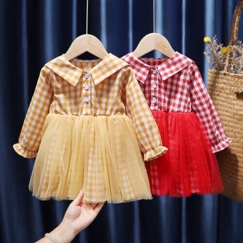 Cute Toddler Girls Plaid Dress Spring Children Mesh Lace T-Shirt Kids Princess Ruffles Outfits Infant Baby Long Sleeve Clothing