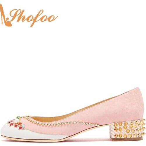 Sweet Pink White Crystal Rivets Med Thick Heels Pumps Woman Round Toe Large Size 11 15 For Ladies Spring Shoes Fashion Elegant