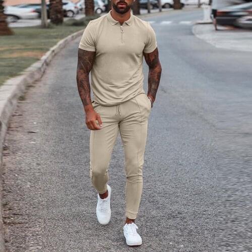 Fashion Solid Mens Clothes 2021 Summer 2 Piece Set Men Turn-down Collar Zipper Tops And Drawstring Pants Outfit Casual Suits 3XL