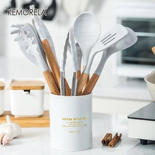 10/11PCS Premium Silicone Utensils Set Non-stick Spatula Shovel Wooden Handle Cookware Set With Storage Box Kitchen Tools