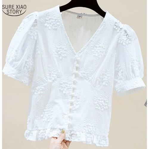 2021 Summer New Style Retro Woman Shirt High Waist Short Vneck Intellectual Shirt Female Puff Sleeve Lace Shirt Lady Blusa 15470
