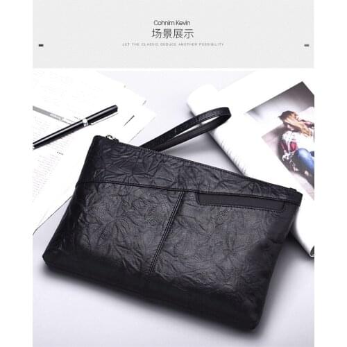 New Mens Genuine Leather Envelope Clutch Bag Men Large Real Leather Soild Black Fashion Big Men Handbag Small Clutch Bags